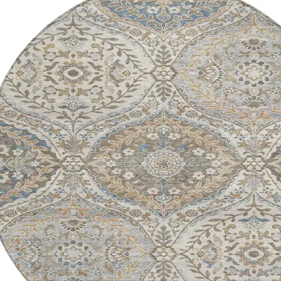 8' Beige Gold And Denim Blue Round Floral Washable Indoor Outdoor Area Rug Photo 4