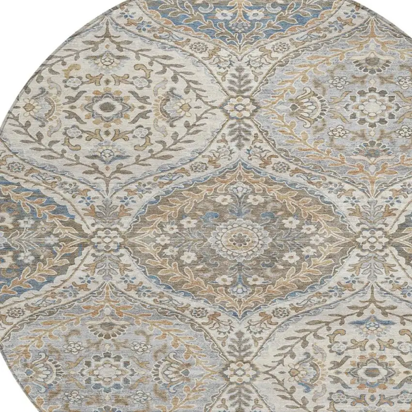 8' Beige Gold And Denim Blue Round Floral Washable Indoor Outdoor Area Rug Photo 4