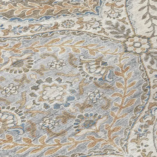 8' Beige Gold And Denim Blue Round Floral Washable Indoor Outdoor Area Rug Photo 8