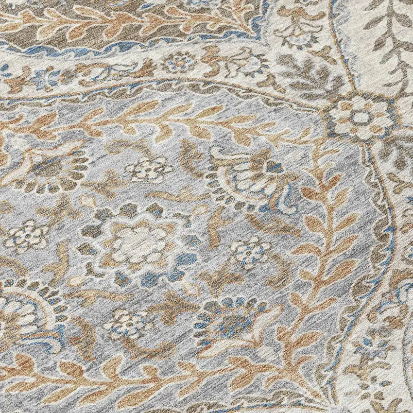 8' Beige Gold And Denim Blue Round Floral Washable Indoor Outdoor Area Rug Photo 8