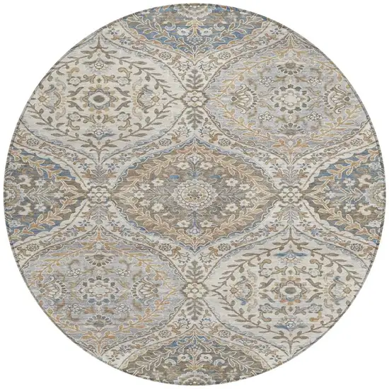 8' Beige Gold And Denim Blue Round Floral Washable Indoor Outdoor Area Rug Photo 3