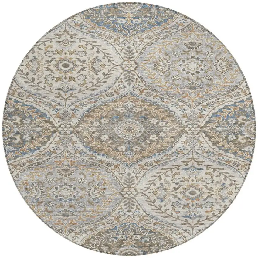 8' Beige Gold And Denim Blue Round Floral Washable Indoor Outdoor Area Rug Photo 3