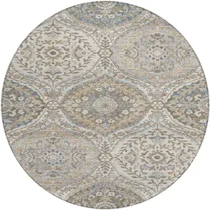Photo of 8' Beige Gold And Denim Blue Round Floral Washable Indoor Outdoor Area Rug