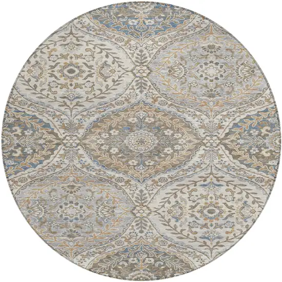 8' Beige Gold And Denim Blue Round Floral Washable Indoor Outdoor Area Rug Photo 1