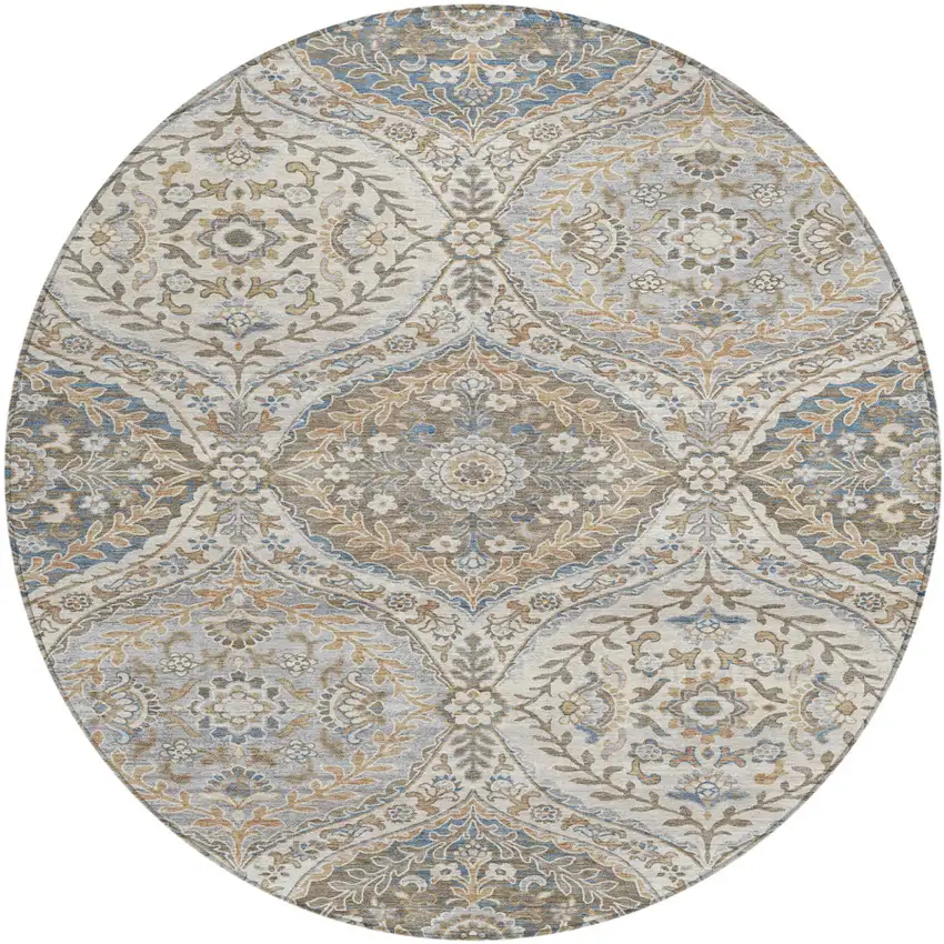 8' Beige Gold And Denim Blue Round Floral Washable Indoor Outdoor Area Rug Photo 1