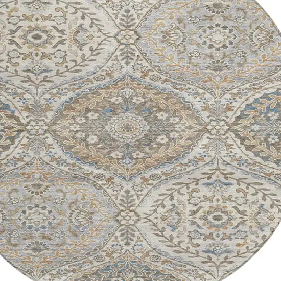 8' Beige Gold And Denim Blue Round Floral Washable Indoor Outdoor Area Rug Photo 9