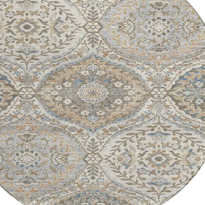 8' Beige Gold And Denim Blue Round Floral Washable Indoor Outdoor Area Rug Photo 9