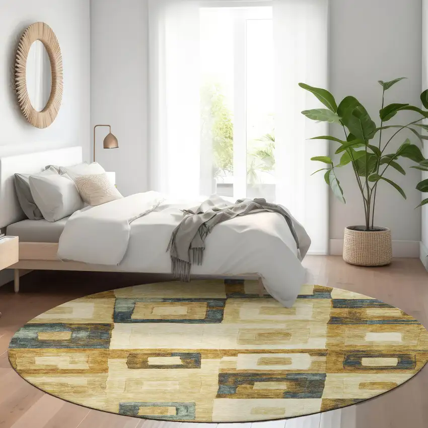 8' Beige Gold And Denim Blue Round Geometric Washable Indoor Outdoor Area Rug Photo 8