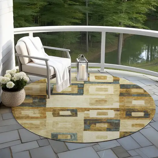 8' Beige Gold And Denim Blue Round Geometric Washable Indoor Outdoor Area Rug Photo 7