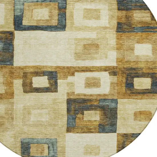 8' Beige Gold And Denim Blue Round Geometric Washable Indoor Outdoor Area Rug Photo 5