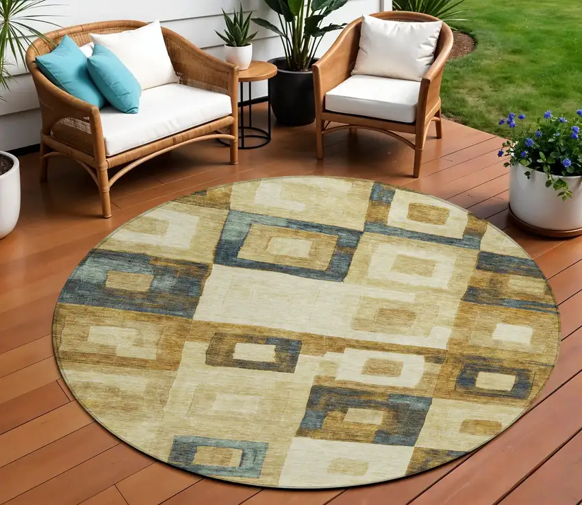 8' Beige Gold And Denim Blue Round Geometric Washable Indoor Outdoor Area Rug Photo 1