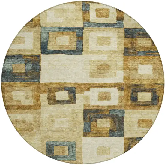 8' Beige Gold And Denim Blue Round Geometric Washable Indoor Outdoor Area Rug Photo 2