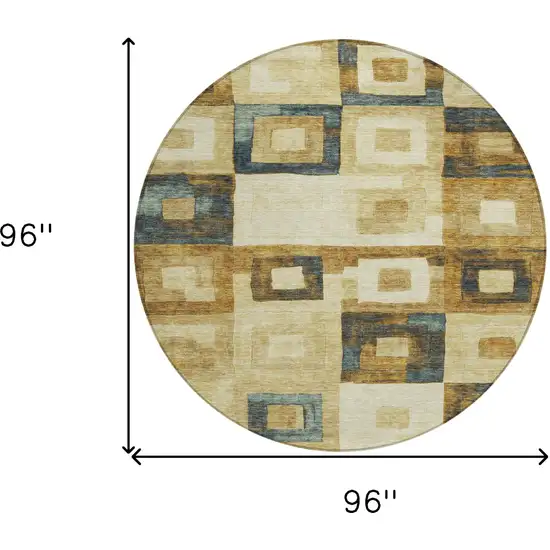 8' Beige Gold And Denim Blue Round Geometric Washable Indoor Outdoor Area Rug Photo 9