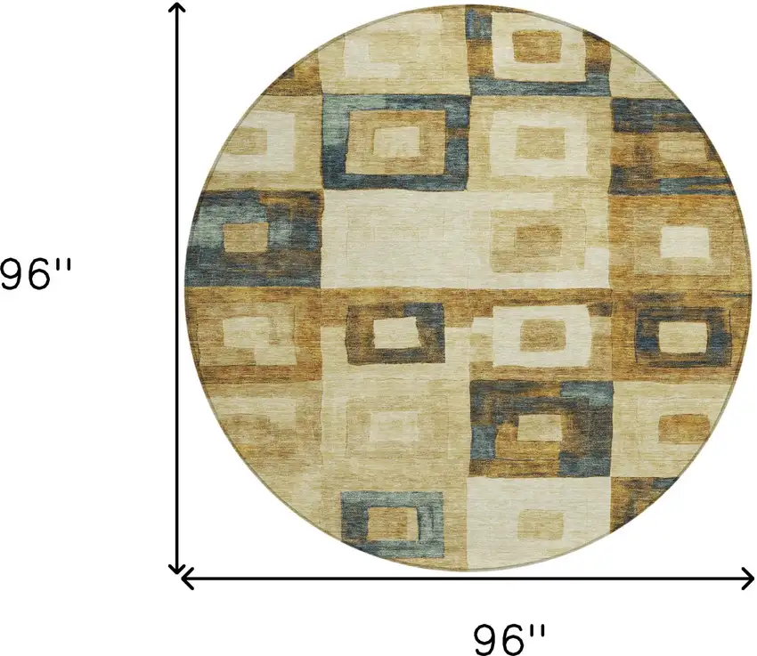8' Beige Gold And Denim Blue Round Geometric Washable Indoor Outdoor Area Rug Photo 9