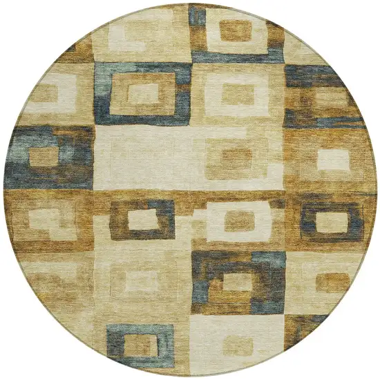 8' Beige Gold And Denim Blue Round Geometric Washable Indoor Outdoor Area Rug Photo 6
