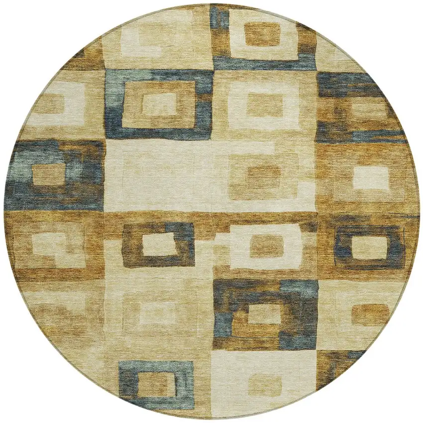 8' Beige Gold And Denim Blue Round Geometric Washable Indoor Outdoor Area Rug Photo 6
