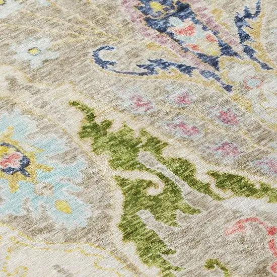 8' Beige Gold And Fern Green Round Floral Washable Indoor Outdoor Area Rug Photo 8