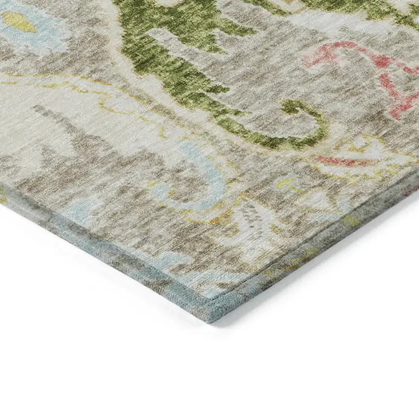 8' Beige Gold And Fern Green Round Floral Washable Indoor Outdoor Area Rug Photo 7