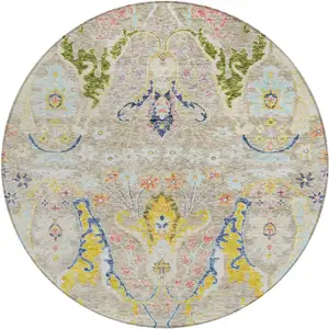 Photo of 8' Beige Gold And Fern Green Round Floral Washable Indoor Outdoor Area Rug