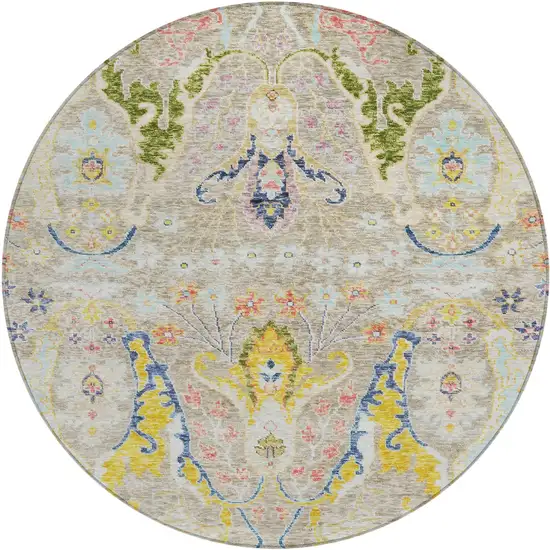 8' Beige Gold And Fern Green Round Floral Washable Indoor Outdoor Area Rug Photo 1