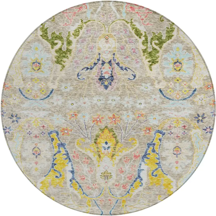8' Beige Gold And Fern Green Round Floral Washable Indoor Outdoor Area Rug Photo 1