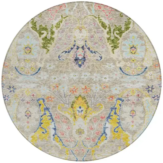 8' Beige Gold And Fern Green Round Floral Washable Indoor Outdoor Area Rug Photo 3