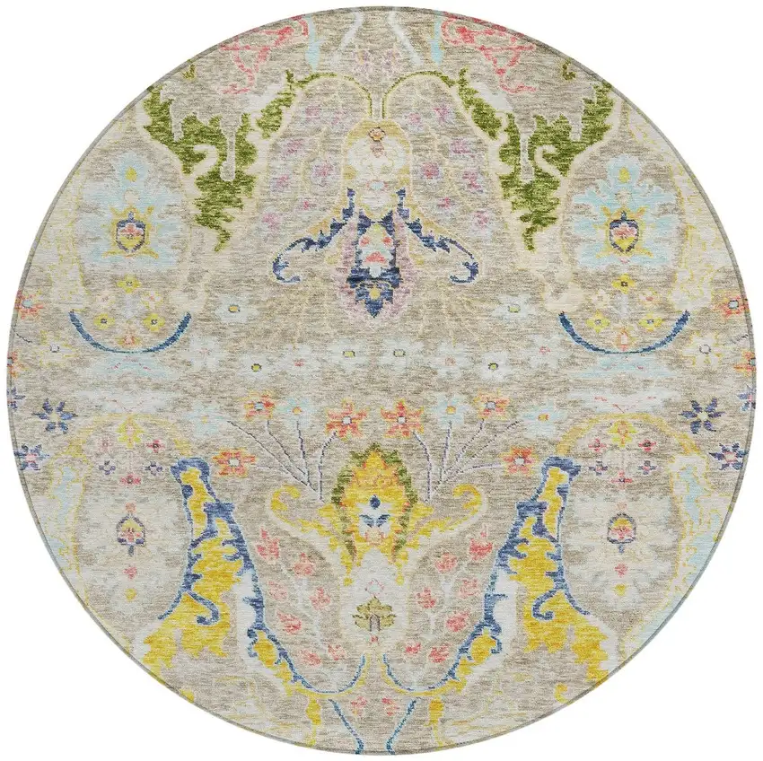 8' Beige Gold And Fern Green Round Floral Washable Indoor Outdoor Area Rug Photo 3