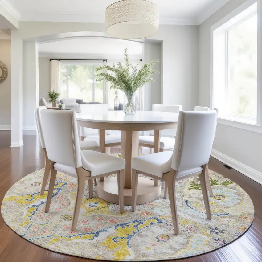 8' Beige Gold And Fern Green Round Floral Washable Indoor Outdoor Area Rug Photo 6