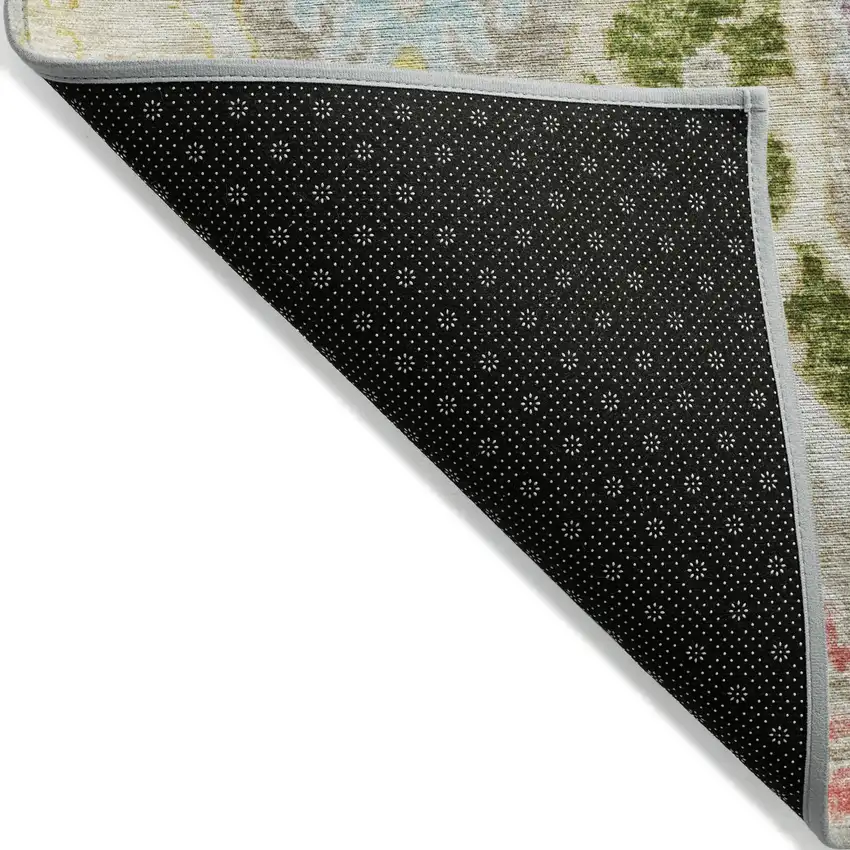 8' Beige Gold And Fern Green Round Floral Washable Indoor Outdoor Area Rug Photo 9