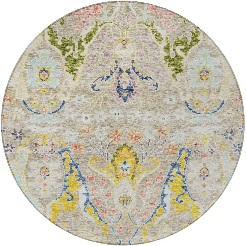 8' Beige Gold And Fern Green Round Floral Washable Indoor Outdoor Area Rug Photo 4