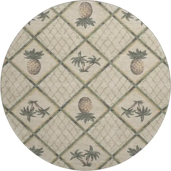 8' Beige Gold And Gray Botanical Leaves Washable Round Rug With UV Protection Photo 2