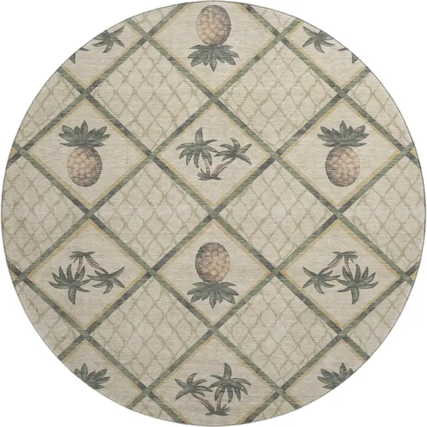 8' Beige Gold And Gray Botanical Leaves Washable Round Rug With UV Protection Photo 2