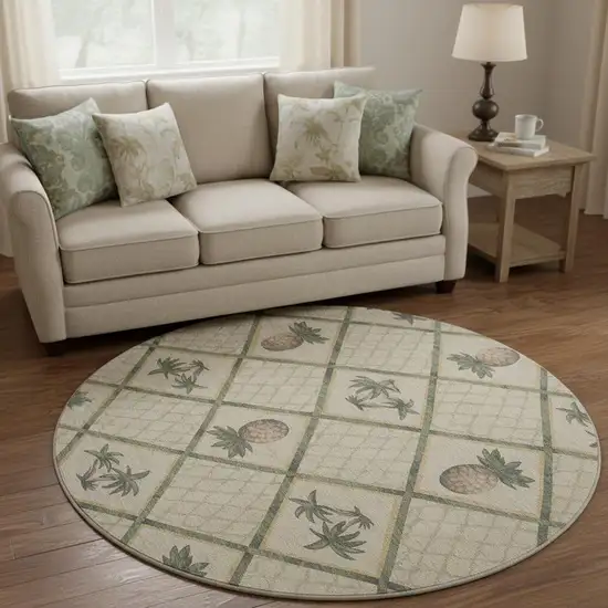 8' Beige Gold And Gray Botanical Leaves Washable Round Rug With UV Protection Photo 1