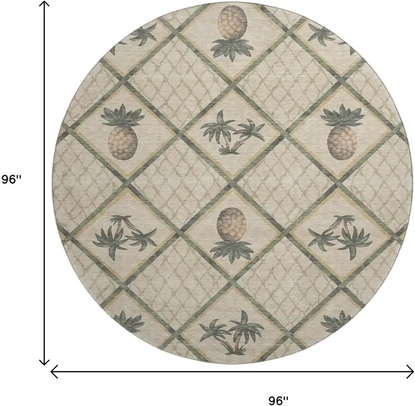 8' Beige Gold And Gray Botanical Leaves Washable Round Rug With UV Protection Photo 3