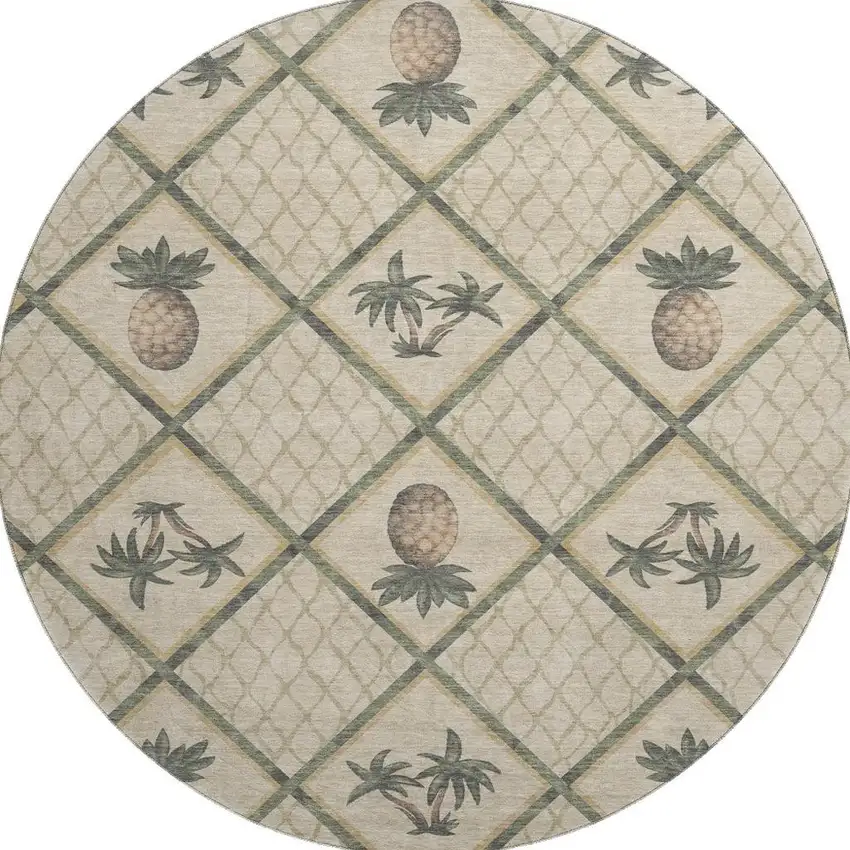 8' Beige Gold And Gray Botanical Leaves Washable Round Rug With UV Protection Photo 4