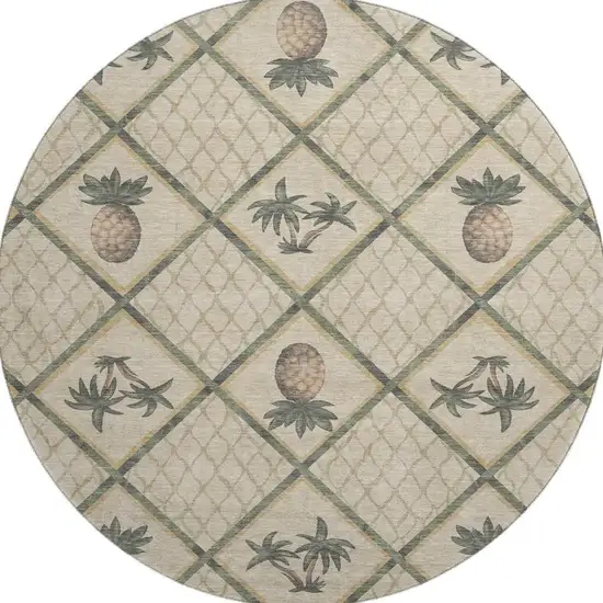 8' Beige Gold And Gray Botanical Leaves Washable Round Rug With UV Protection Photo 4