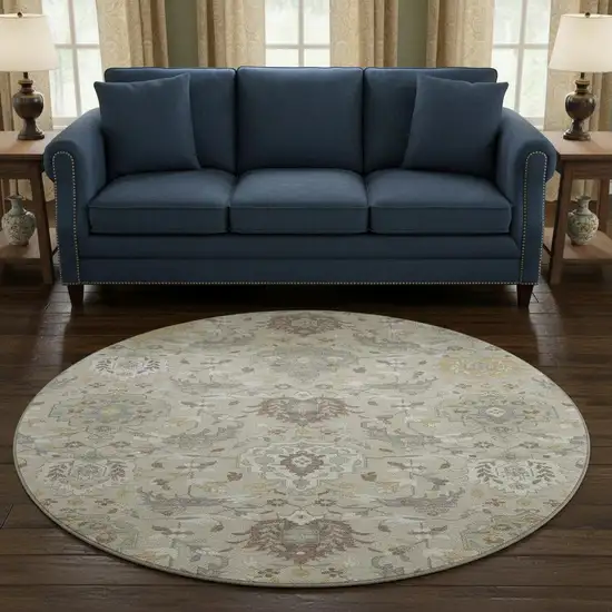 8' Beige Gold And Gray Damask Washable Round Rug With UV Protection Photo 2