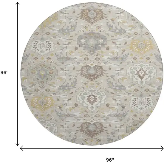 8' Beige Gold And Gray Damask Washable Round Rug With UV Protection Photo 9