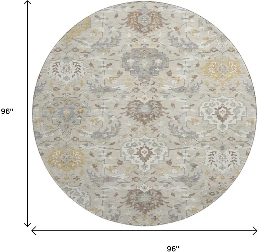8' Beige Gold And Gray Damask Washable Round Rug With UV Protection Photo 9