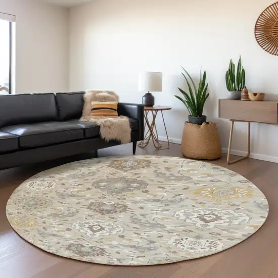 8' Beige Gold And Gray Damask Washable Round Rug With UV Protection Photo 4