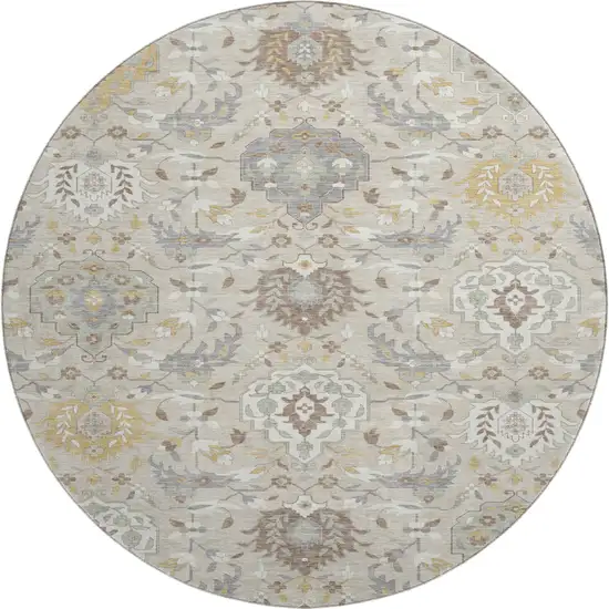 8' Beige Gold And Gray Damask Washable Round Rug With UV Protection Photo 1