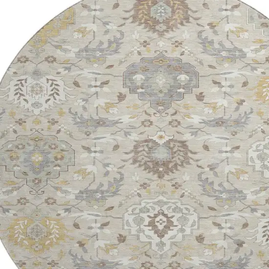 8' Beige Gold And Gray Damask Washable Round Rug With UV Protection Photo 2