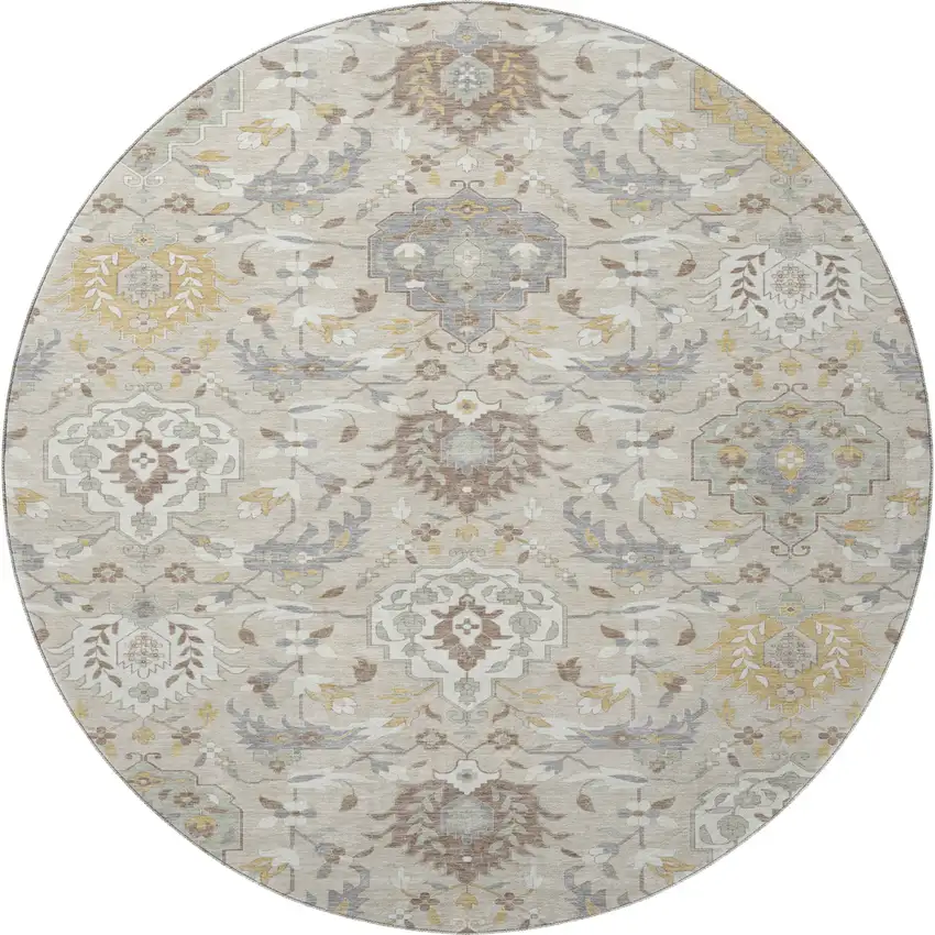 8' Beige Gold And Gray Damask Washable Round Rug With UV Protection Photo 3