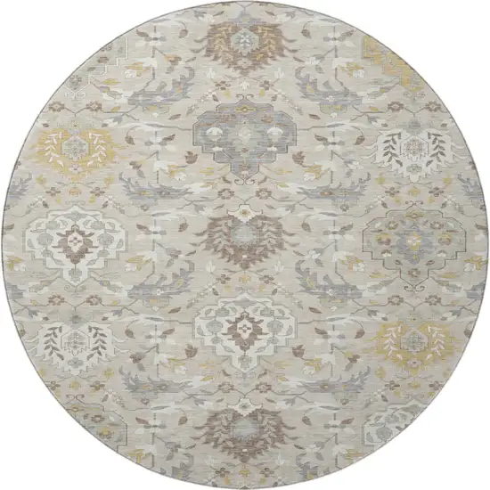 8' Beige Gold And Gray Damask Washable Round Rug With UV Protection Photo 3