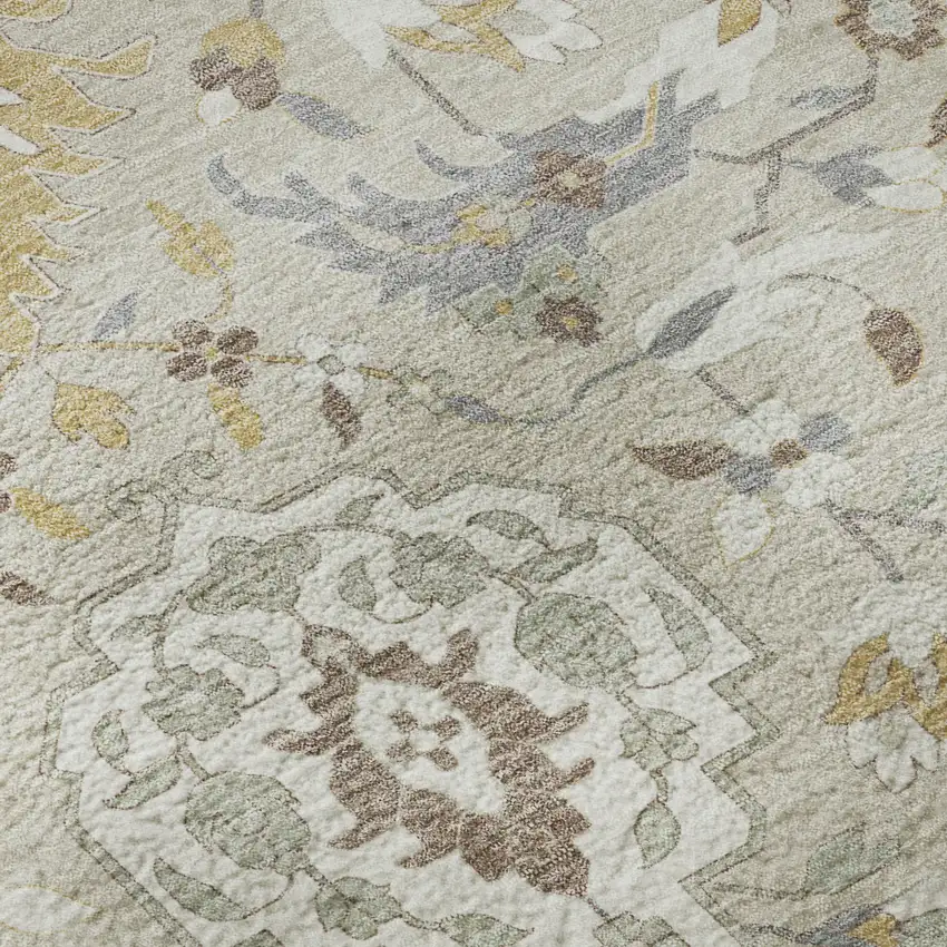 8' Beige Gold And Gray Damask Washable Round Rug With UV Protection Photo 8