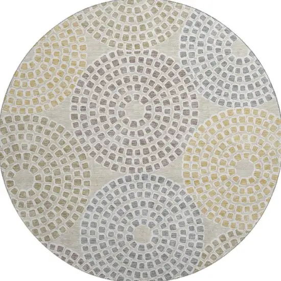 8' Beige Gold And Gray Geometric Washable Round Rug With UV Protection Photo 4