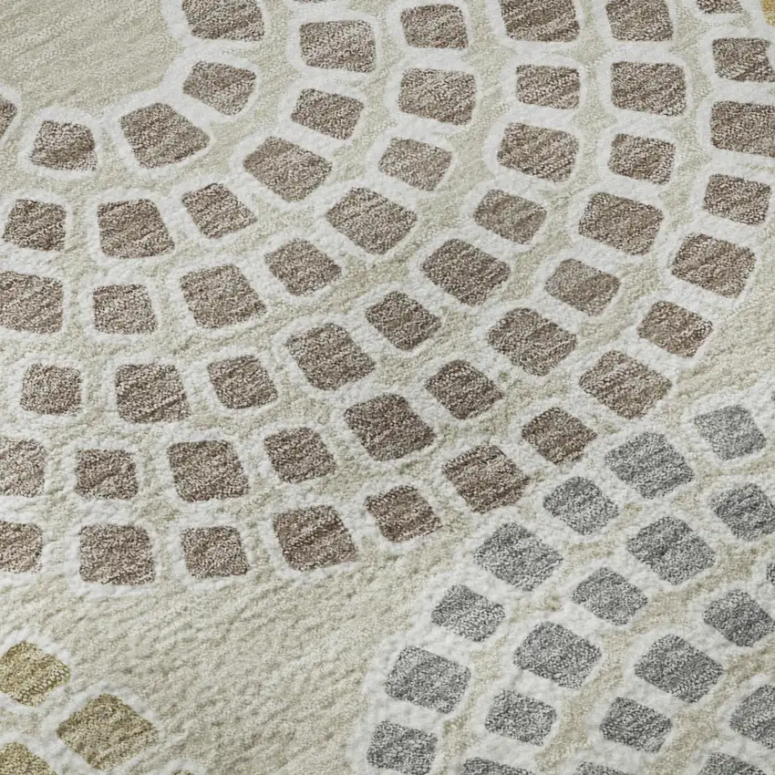 8' Beige Gold And Gray Geometric Washable Round Rug With UV Protection Photo 9