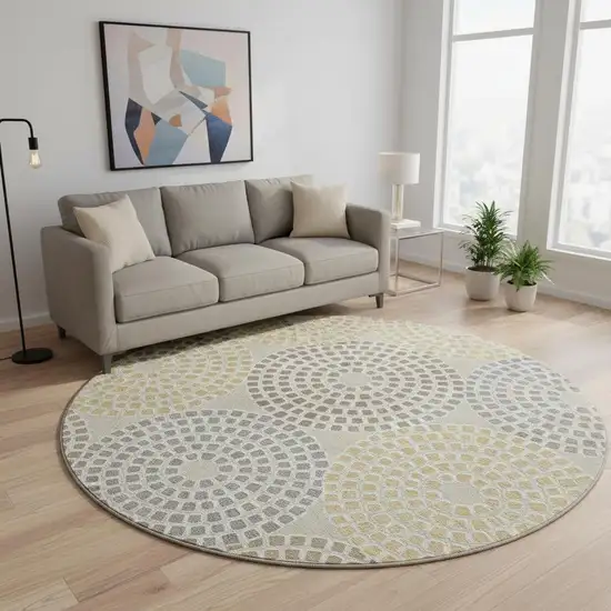 8' Beige Gold And Gray Geometric Washable Round Rug With UV Protection Photo 2