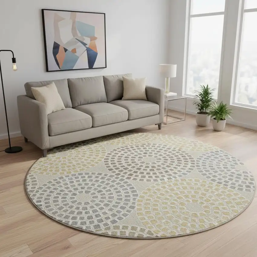 8' Beige Gold And Gray Geometric Washable Round Rug With UV Protection Photo 2