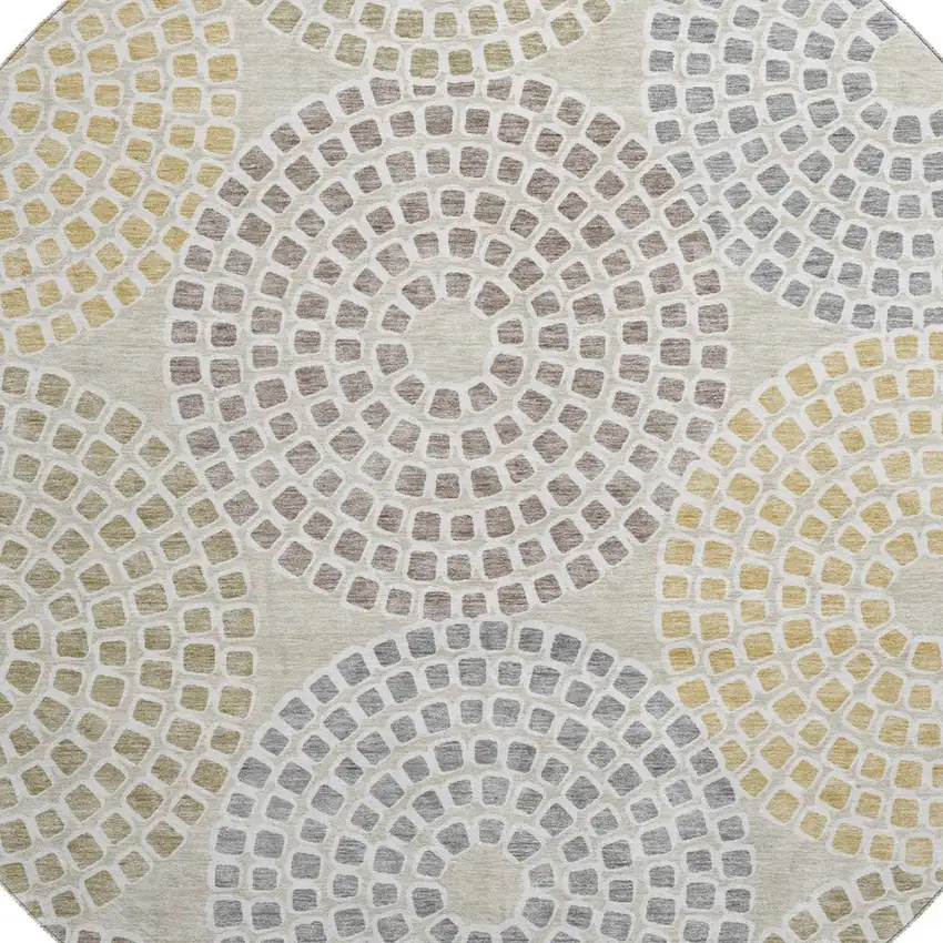 8' Beige Gold And Gray Geometric Washable Round Rug With UV Protection Photo 3